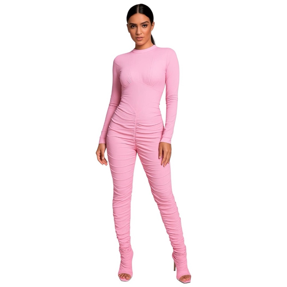 Bodycon pink ruched long sleeve jumpsuit Women’s size large | ab1